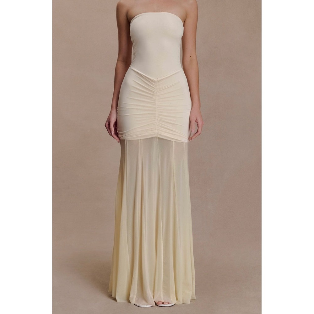 Meshki Caspian Slinky and Mesh Off Shoulder Maxi Dress Ivory XXL NWT